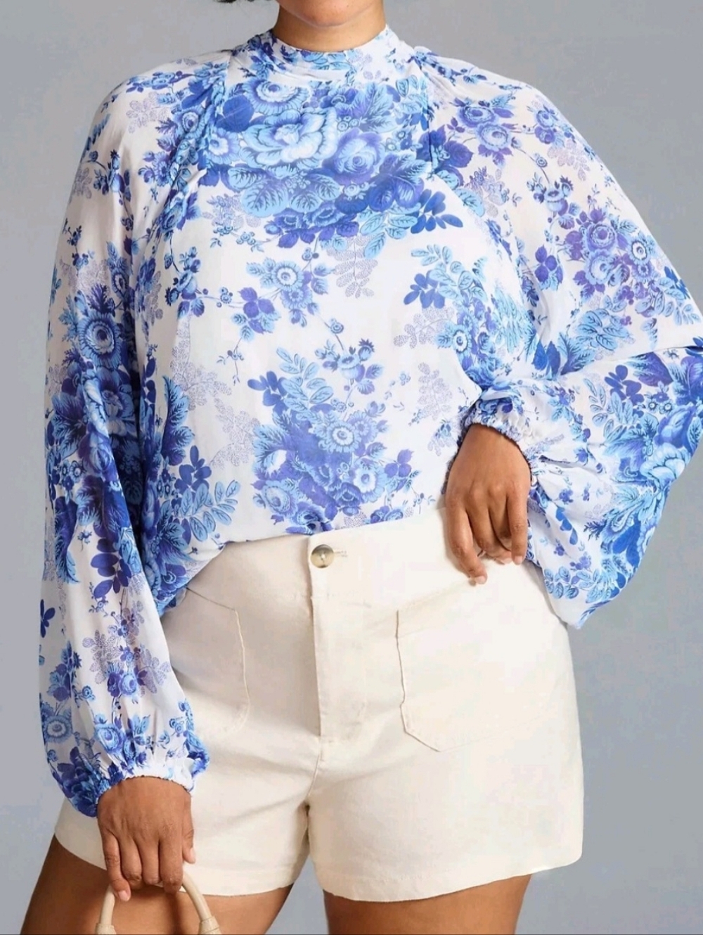 Anthropologie NWT Blue & White Motif Sheer Baloon Sleeve Floral Blouse S